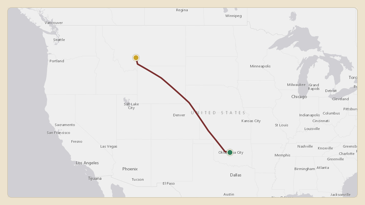 Flight path for Hobby Lobby's N872HL from KOKC — OKC Will Rogers World Airport to KBZN — Bozeman Yellowstone International Airport