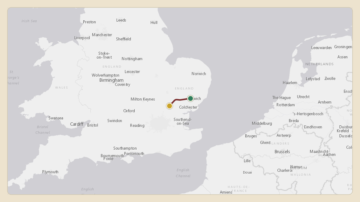 Flight path for Dubai Royal Wing — Sheikh Mohammed bin Rashid's A6-HRS from EGSO — Crowfield Airfield to EGSS — London Stansted Airport