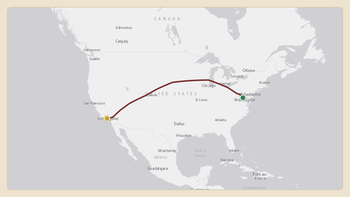 Flight path for Samsung's HL8508 from KIAD — Washington Dulles International Airport to KLAX — Los Angeles International Airport
