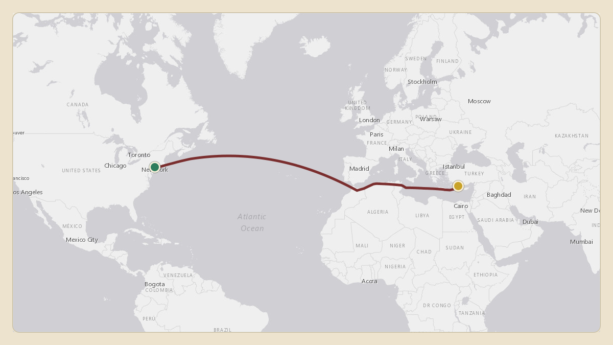 Flight path for Vladimir Putin / Russian Presidential Flight's RA-96023 from KJFK — John F. Kennedy International Airport to 37.48°, 31.13°