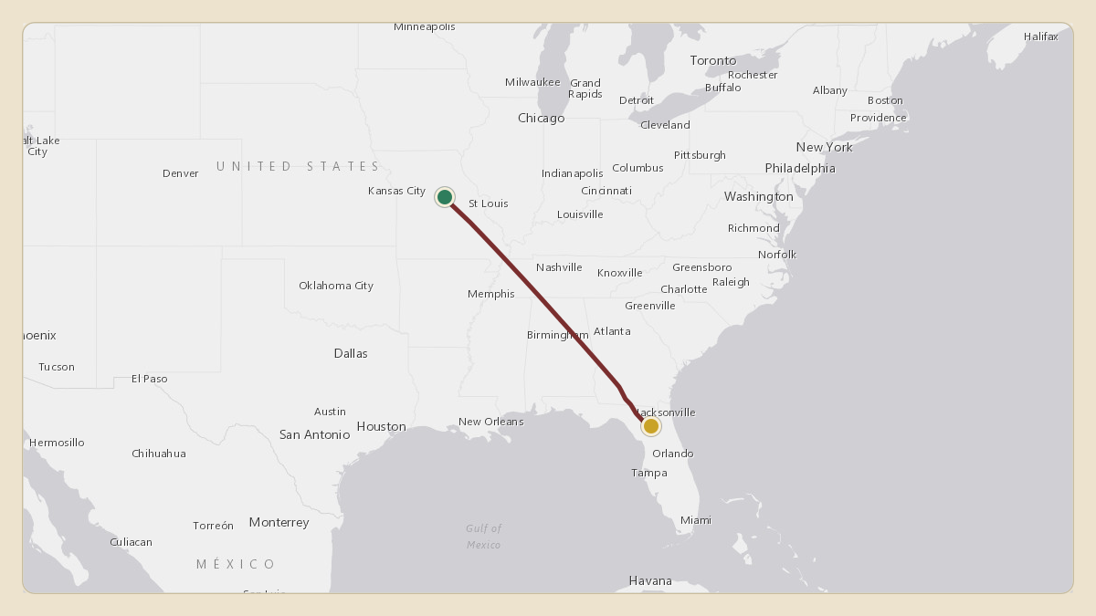 Flight path for Jon Sumrall's N100FG from KCOU — Columbia Regional Airport to KGNV — Gainesville Regional Airport