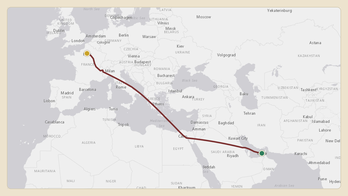 Flight path for Sheikh Mohammed bin Rashid Al Maktoum's A6-COM from OMDB — Dubai International Airport to LFPB — Paris-Le Bourget International Airport
