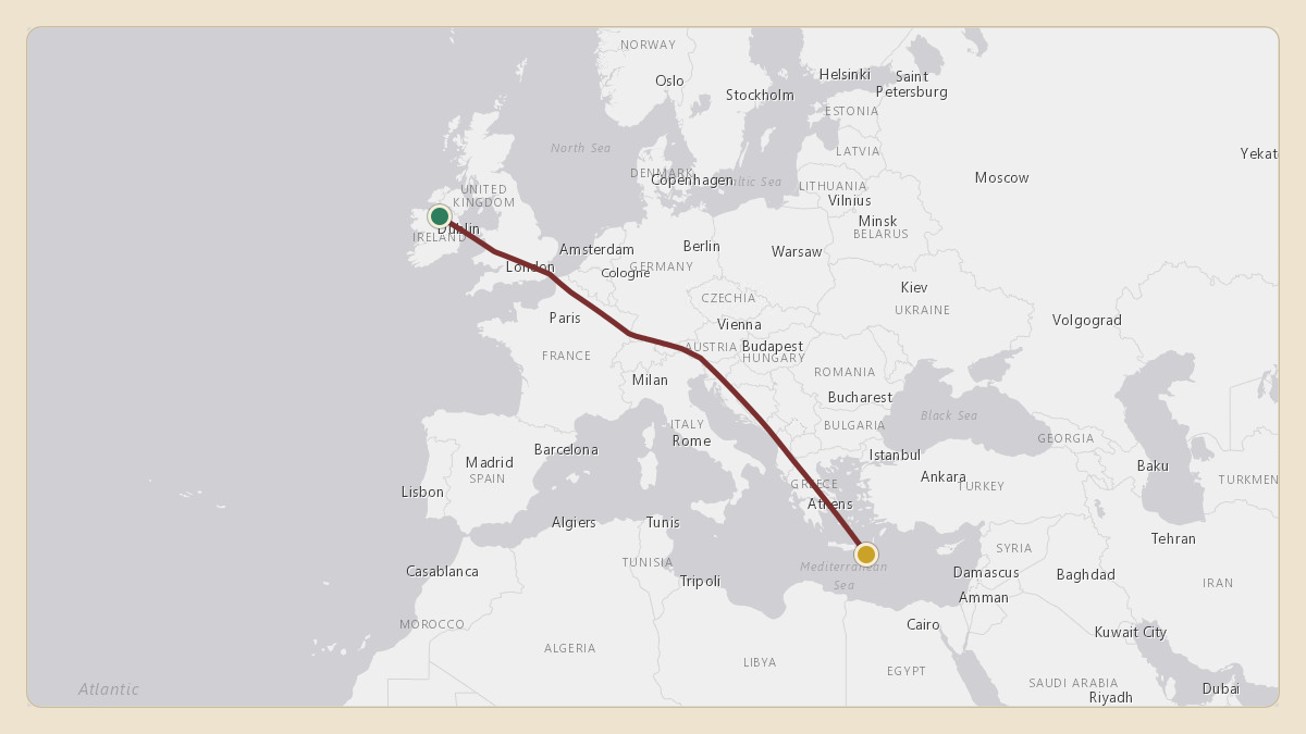 Flight path for UAE Presidential Flight's A6-PFC from EITB — Tibohine Airfield to OMAA — Zayed International Airport