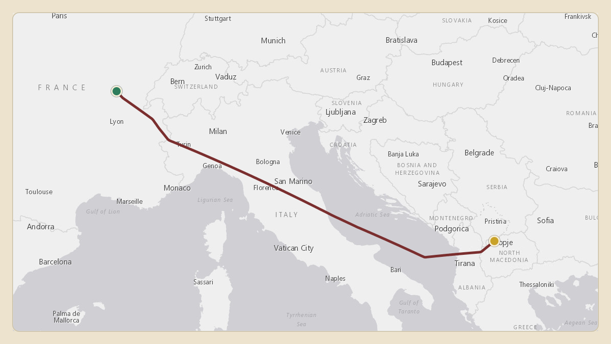 Flight path for UK Government / Royal Flight's G-ZABH from LFFX — Tournus Cuisery Airfield to LWSK — Skopje International Airport