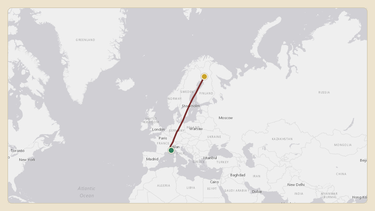 Flight path for Prince Albert II's 3A-MGA from LFMN — Nice-Côte d'Azur Airport to EFRO — Rovaniemi Airport