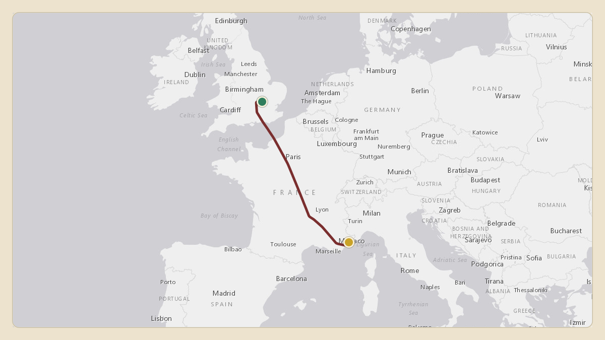 Flight path for Philip Green's 9H-BCT from EGGW — London Luton Airport to LFMN — Nice-Côte d'Azur Airport