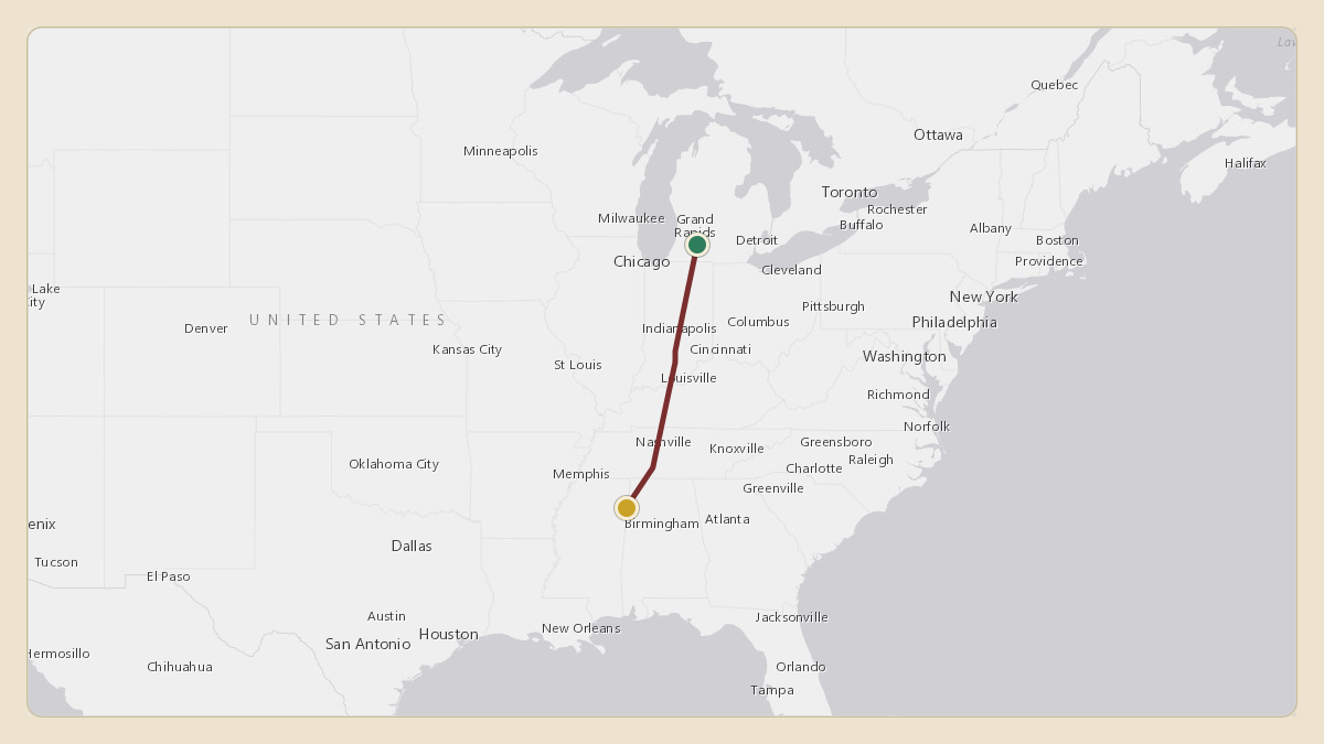 Flight path for Jeff Lebby's N204MS from KBTL — Battle Creek Executive Airport at Kellogg Field to KHAB — Marion County Rankin Fite Airport