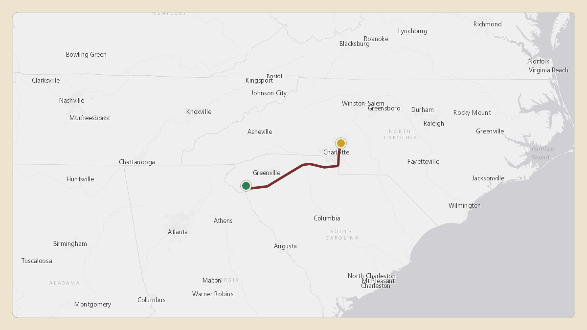 Flight path for Dabo Swinney's N934CT from KCEU — Oconee County Regional Airport to KJQF — Concord-Padgett Regional Airport