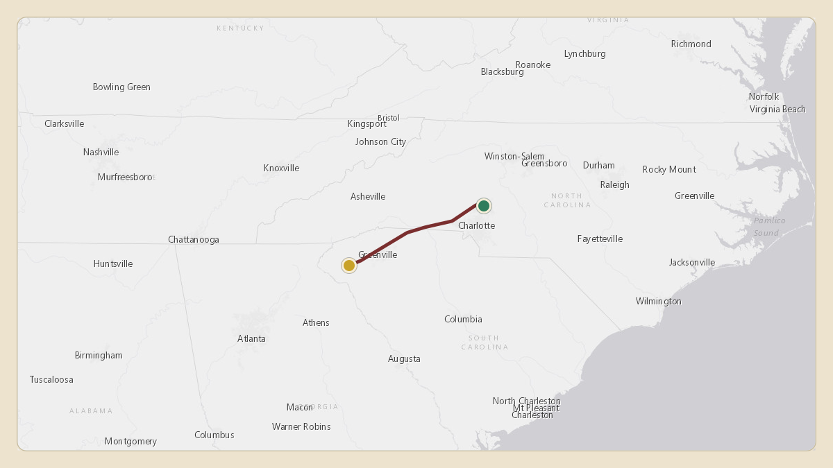 Flight path for Dabo Swinney's N934CT from 4NC8 — Buffalo Creek Airport to KCEU — Oconee County Regional Airport