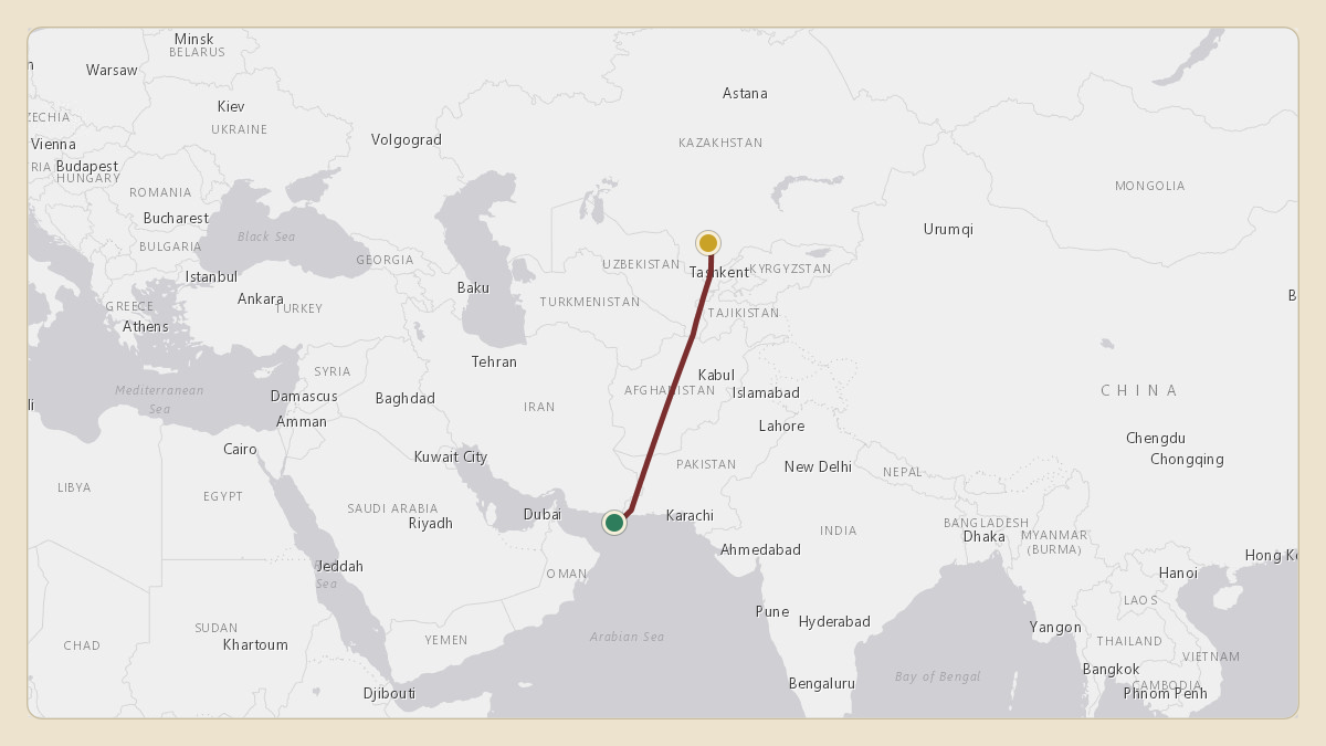 Flight path for Sultan Haitham / Oman Royal Flight's A4O-AJ from 24.55°, 61.14° to UAIT — Hazrat Sultan International Airport