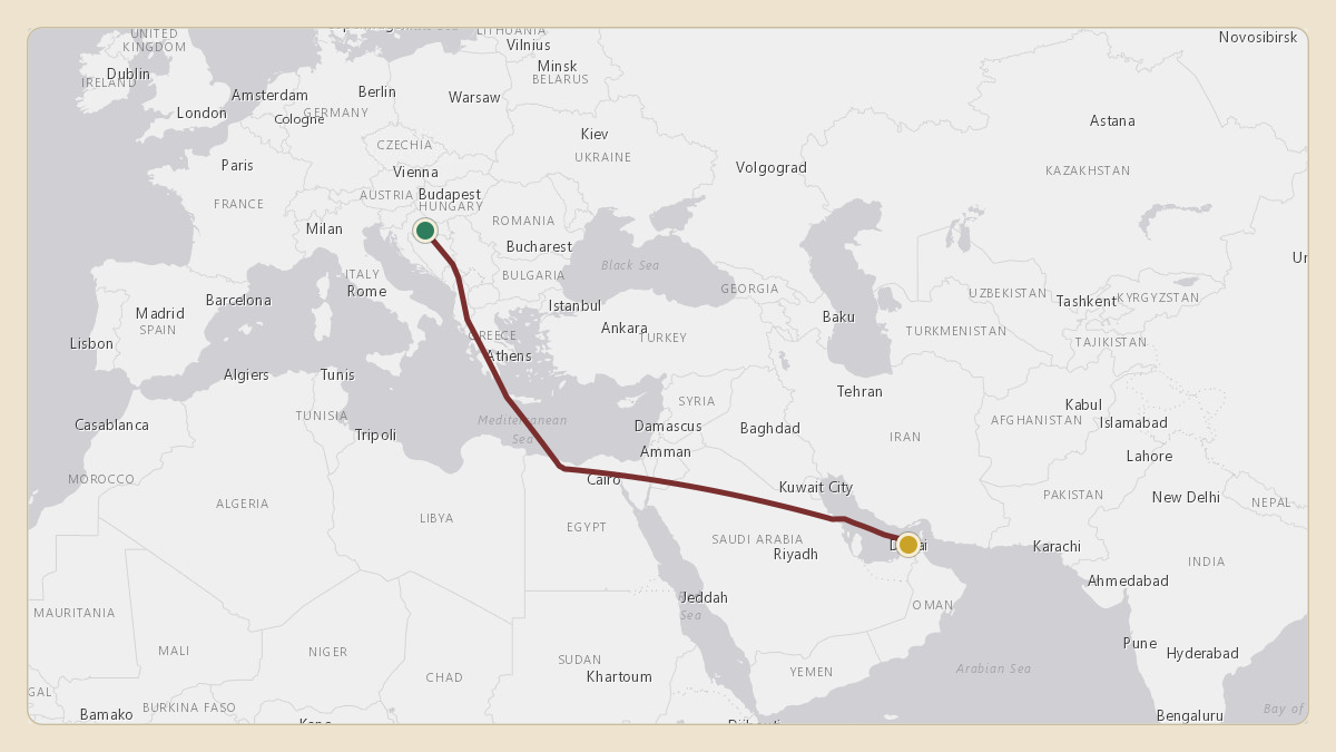 Flight path for Dubai Royal Wing — Sheikh Mohammed bin Rashid's A6-HRS from LQBK — Banja Luka International Airport to OMDB — Dubai International Airport