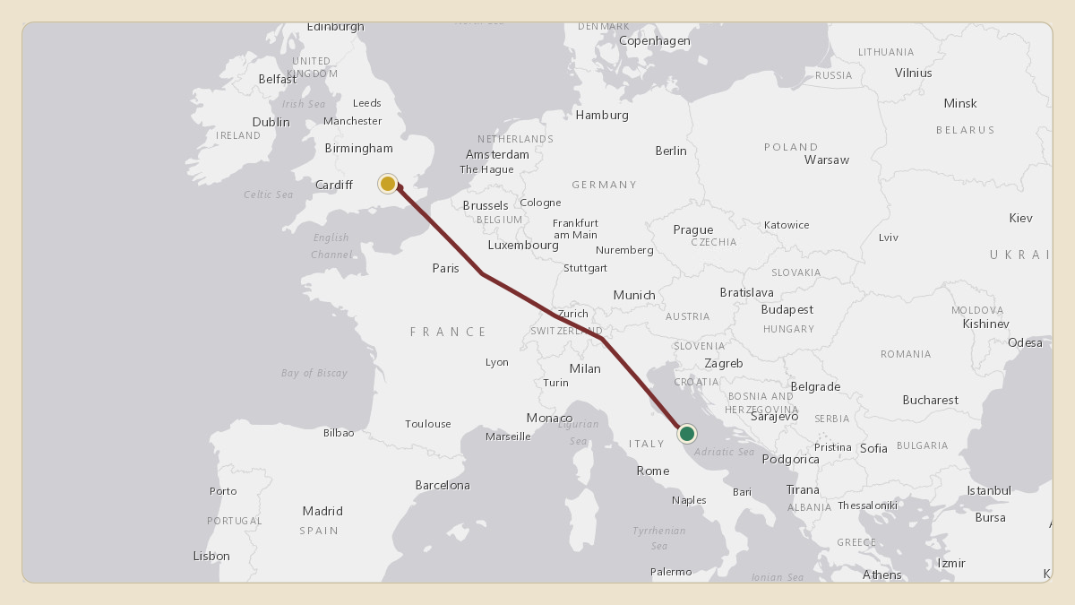 Flight path for King Hamad bin Isa Al Khalifa's A9C-HMK from 43.17°, 14.23° to EGLL — London Heathrow Airport
