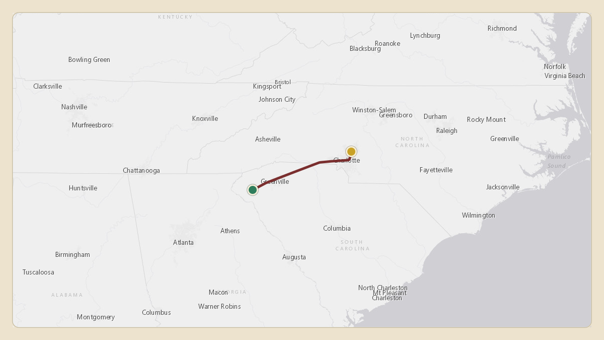 Flight path for Dabo Swinney's N934CT from KCEU — Oconee County Regional Airport to KJQF — Concord-Padgett Regional Airport