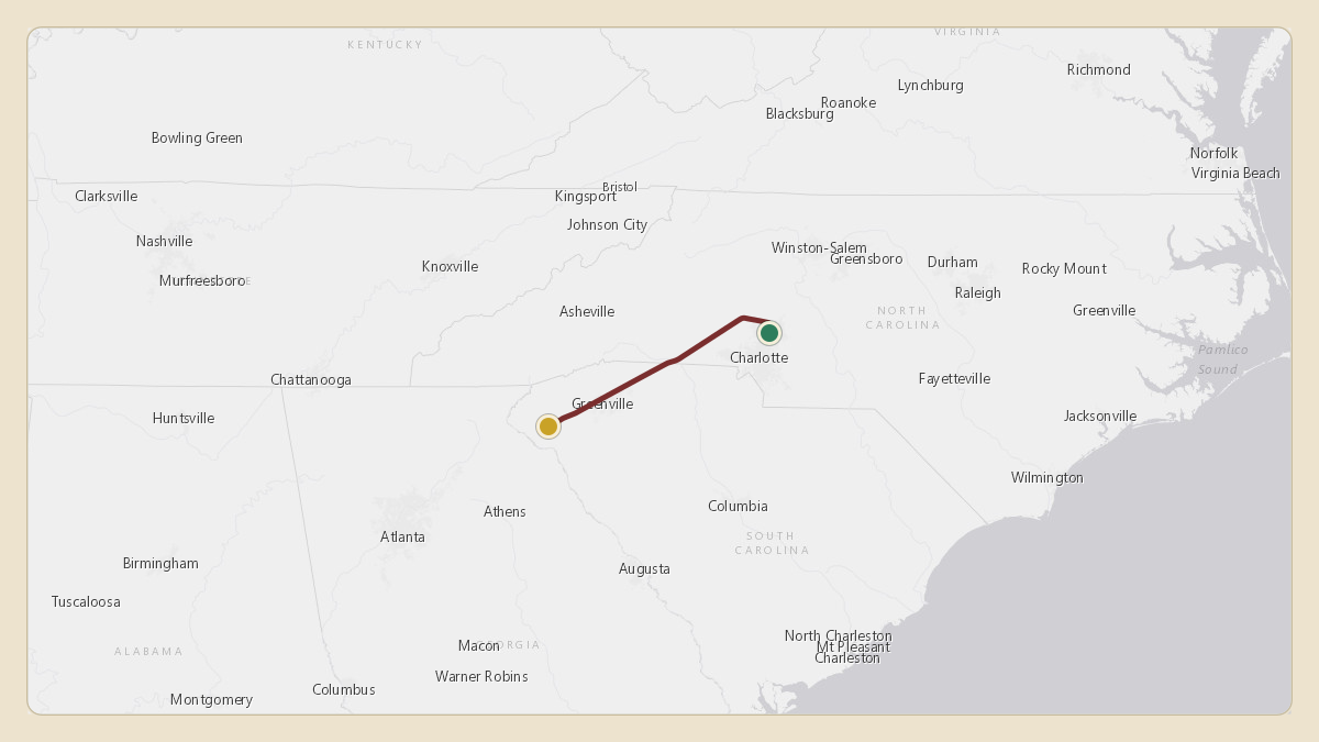 Flight path for Dabo Swinney's N934CT from KJQF — Concord-Padgett Regional Airport to KCEU — Oconee County Regional Airport