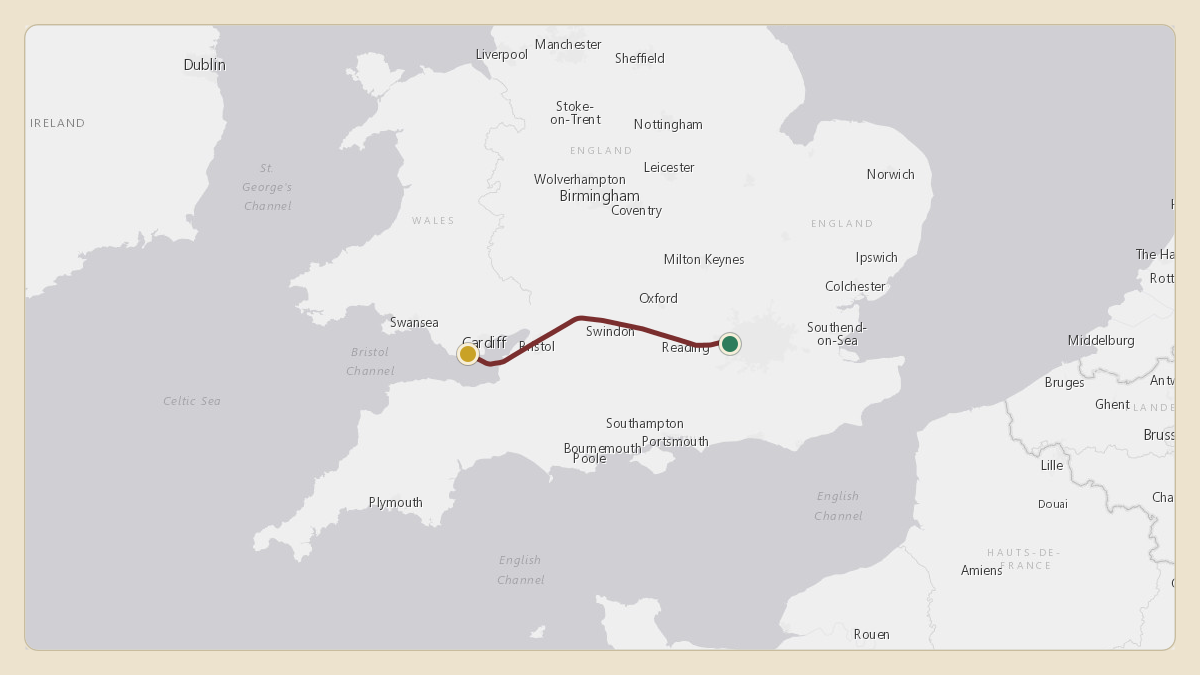 Flight path for King Hamad bin Isa Al Khalifa's A9C-HMH from EGLL — London Heathrow Airport to EGFF — Cardiff International Airport