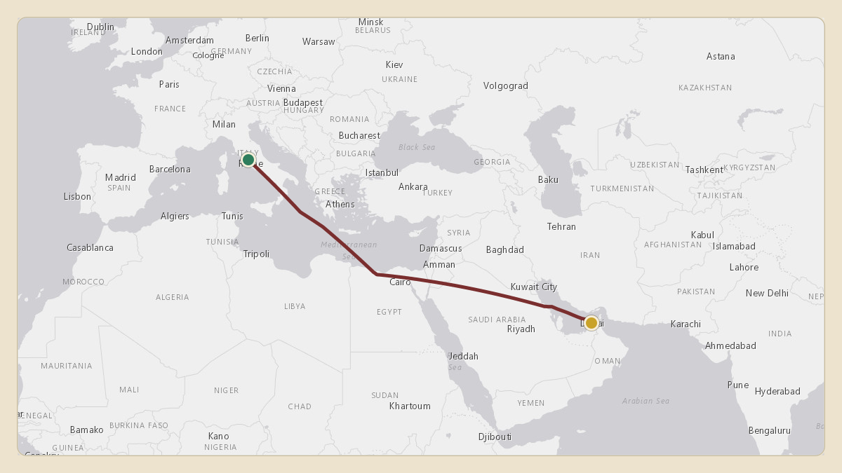Flight path for Sheikh Mohammed bin Rashid Al Maktoum's A6-COM from LIRF — Rome–Fiumicino Leonardo da Vinci International Airport to OMDB — Dubai International Airport