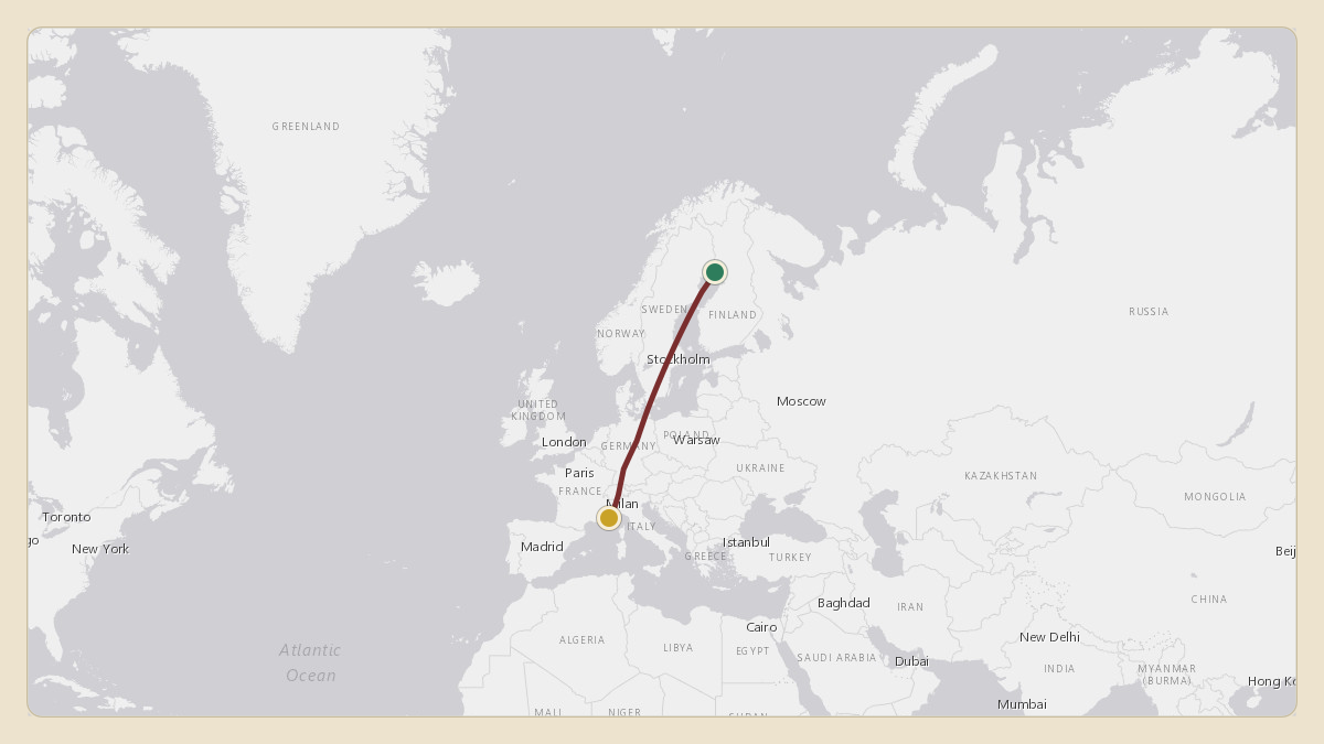 Flight path for Prince Albert II's 3A-MGA from 66.99°, 26.80° to LFMN — Nice-Côte d'Azur Airport