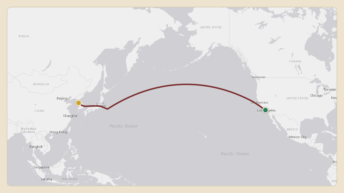 Flight path for Samsung's HL8508 from KLAX — Los Angeles International Airport to RKSS — Gimpo International Airport