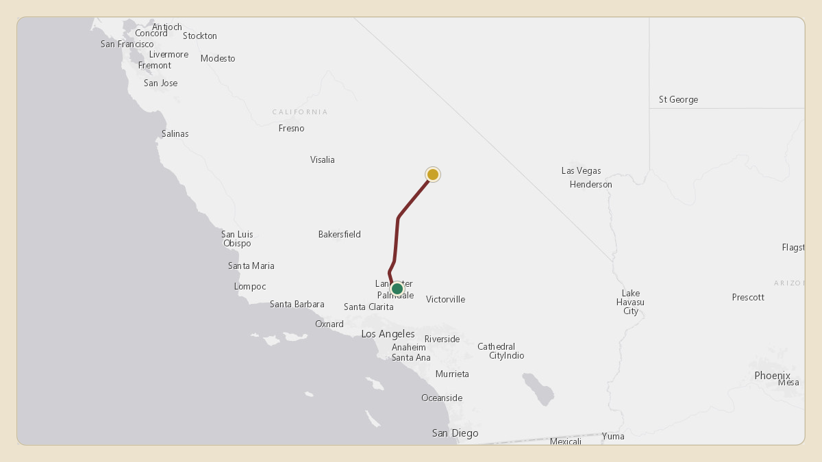Flight path for Northrop Grumman's N804X from KPMD — Palmdale Regional Airport / USAF Plant 42 Airport to 36.13°, -117.51°