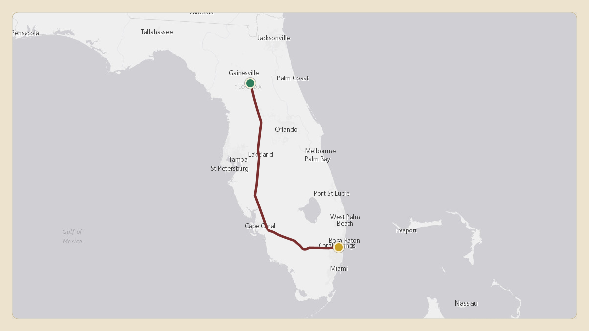 Flight path for Jon Sumrall's N100FG from FL54 — Flying Tiger Field to KFXE — Fort Lauderdale Executive Airport