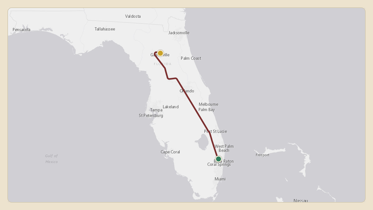 Flight path for Jon Sumrall's N100FG from KFLL — Fort Lauderdale Hollywood International Airport to KGNV — Gainesville Regional Airport