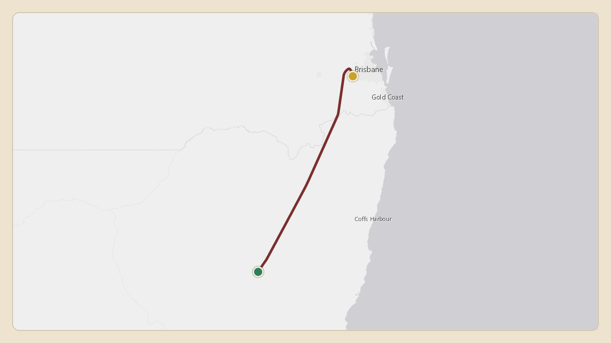 Flight path for Australian Government Flight's A62-001 from YSTW — Tamworth Airport to YAMB — RAAF Base Amberley