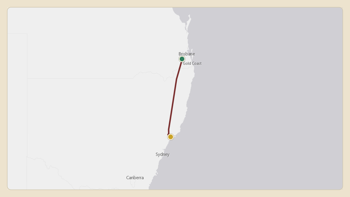 Flight path for Australian Government Flight's A62-001 from YAMB — RAAF Base Amberley to YWLM — Newcastle Airport