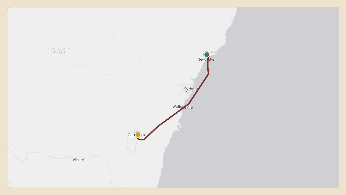 Flight path for Australian Government Flight's A62-001 from YWLM — Newcastle Airport to YSCB — Canberra Airport
