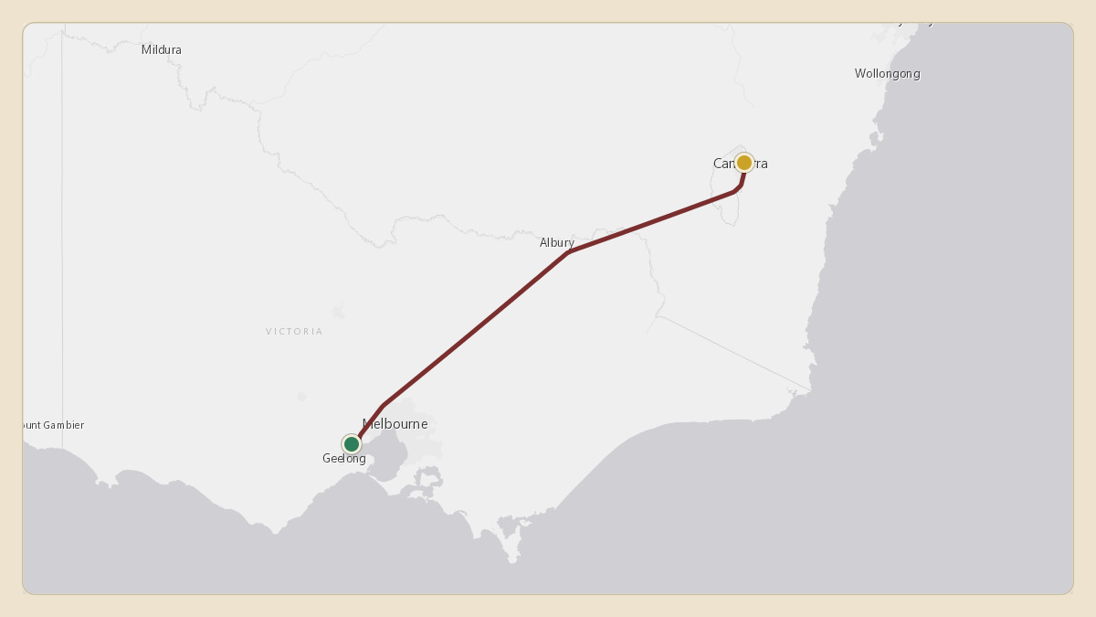 Flight path for Australian Government Flight's A62-002 from YMAV — Melbourne Avalon International Airport to YSCB — Canberra Airport