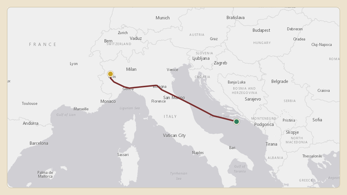 Flight path for Joseph Tsai's VP-COR from LYPG — Podgorica Airport / Podgorica Golubovci Airbase to LIMF — Turin Airport