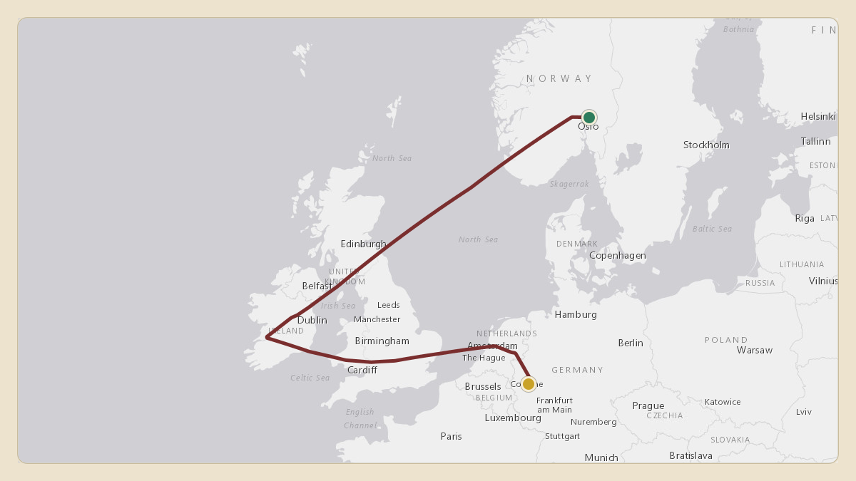 Flight path for Friedrich Merz / German Government Flight's 15+02 from ENGM — Oslo-Gardermoen International Airport to EDDK — Cologne Bonn Airport
