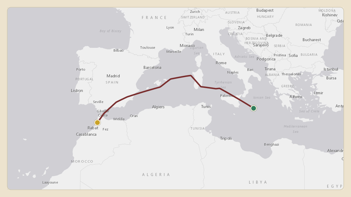 Flight path for UAE Presidential Flight's A6-PFC from 36.55°, 17.44° to GMFA — Ouezzane Airport