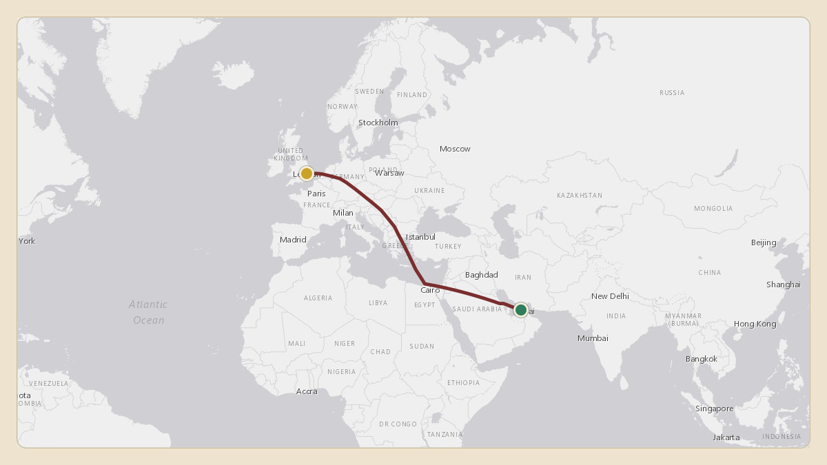 Flight path for Sheikh Mohammed bin Rashid Al Maktoum's A6-COM from OMDB — Dubai International Airport to EGSS — London Stansted Airport