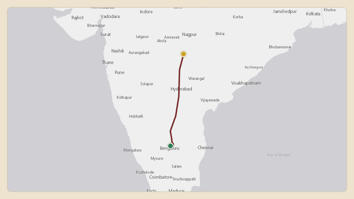 Flight path for Narendra Modi / Indian Presidential Flight's K7066 from VOBL — Kempegowda International Airport Bengaluru to 19.76°, 78.69°
