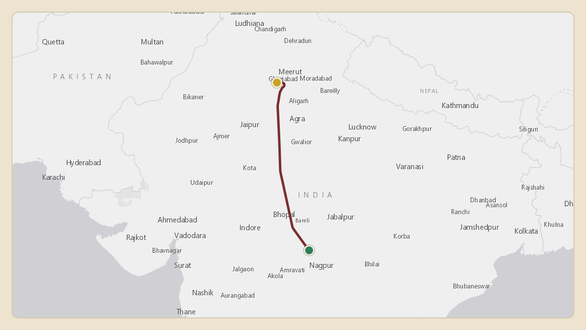 Flight path for Narendra Modi / Indian Presidential Flight's K7066 from 20.62°, 79.41° to VIDP — Indira Gandhi International Airport