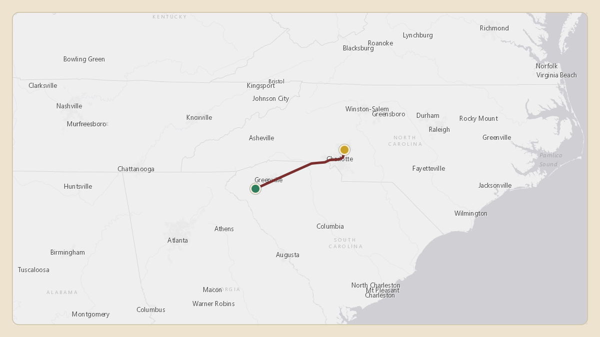 Flight path for Dabo Swinney's N934CT from KCEU — Oconee County Regional Airport to KJQF — Concord-Padgett Regional Airport