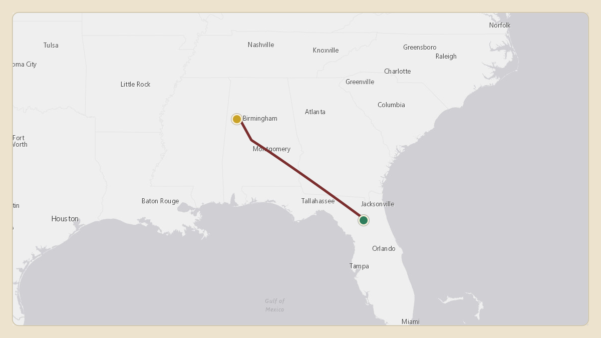 Flight path for Jon Sumrall's N100FG from KGNV — Gainesville Regional Airport to K3M8 — North Pickens Airport
