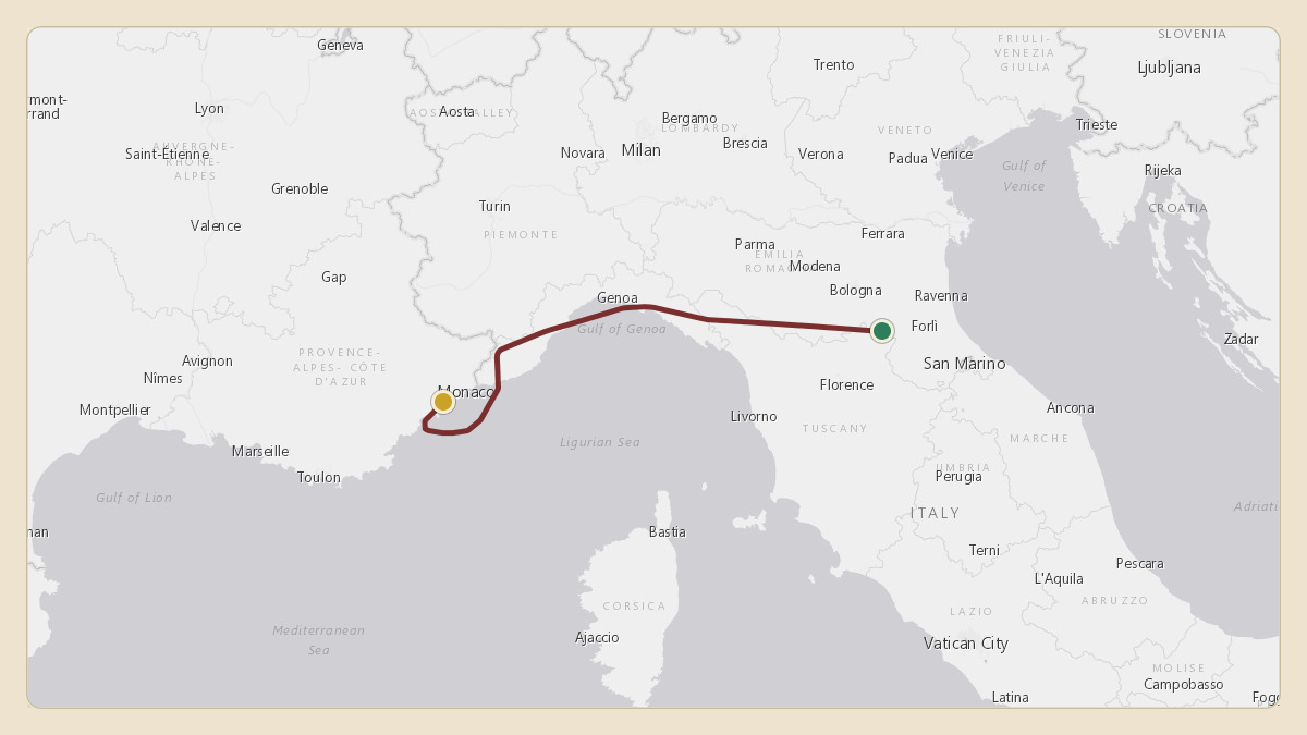 Flight path for Prince Albert II's 3A-MGA from LIPK — Forlì-Luigi Ridolfi International Airport to LFMN — Nice-Côte d'Azur Airport