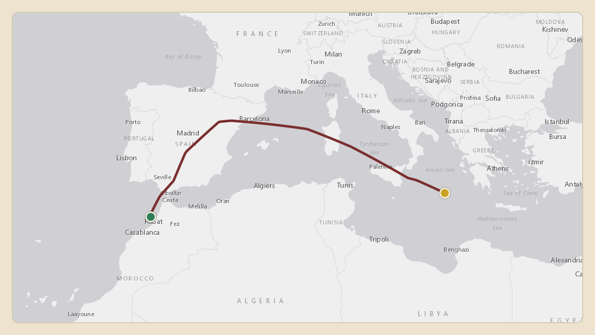 Flight path for UAE Presidential Flight's A6-PFC from GMME — Rabat-Salé Airport to OMAA — Zayed International Airport