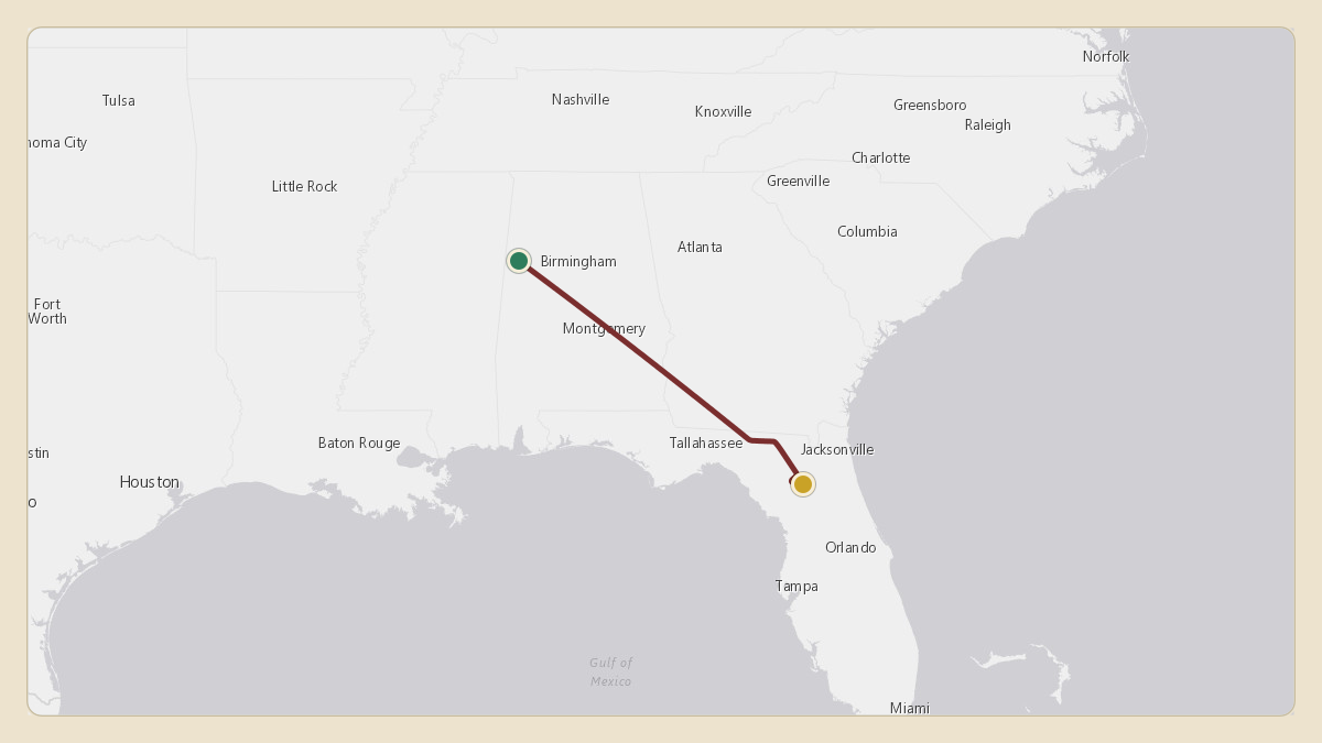 Flight path for Jon Sumrall's N100FG from 5MS8 — Ball Airport to KGNV — Gainesville Regional Airport