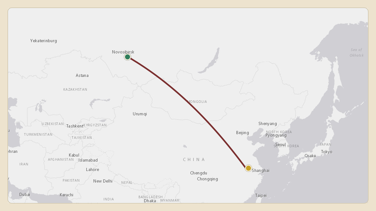 Flight path for Vladimir Putin / Russian Presidential Flight's RA-96023 from 54.21°, 84.30° to ZSWU — Wuhu Wanli Airport / Wuhu Air Base