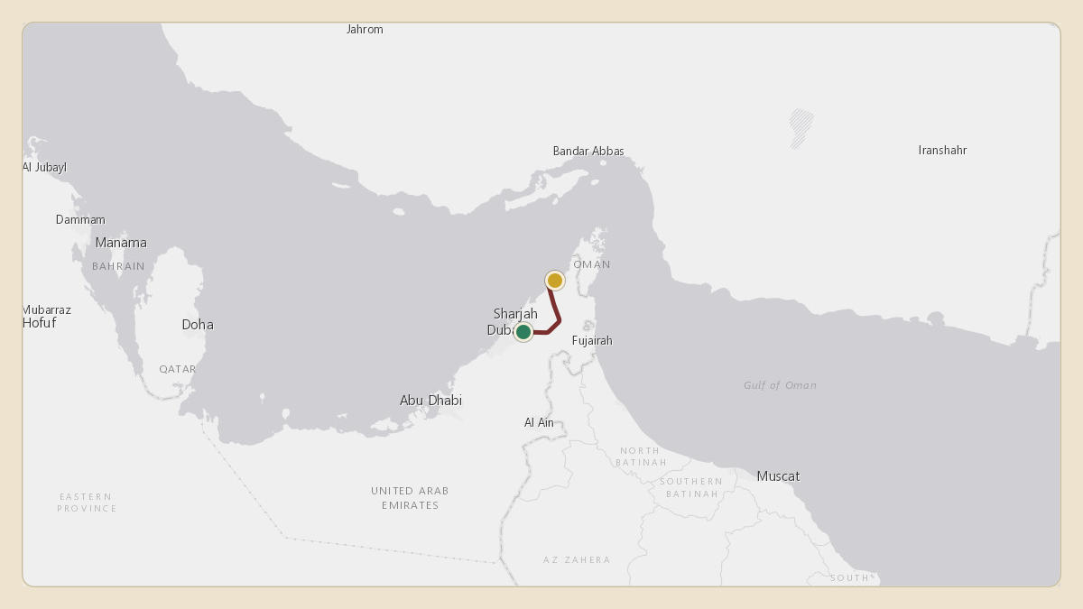 Flight path for Dubai Royal Wing — Sheikh Mohammed bin Rashid's A6-HHH from OMDB — Dubai International Airport to OMRK — Ras Al Khaimah International Airport