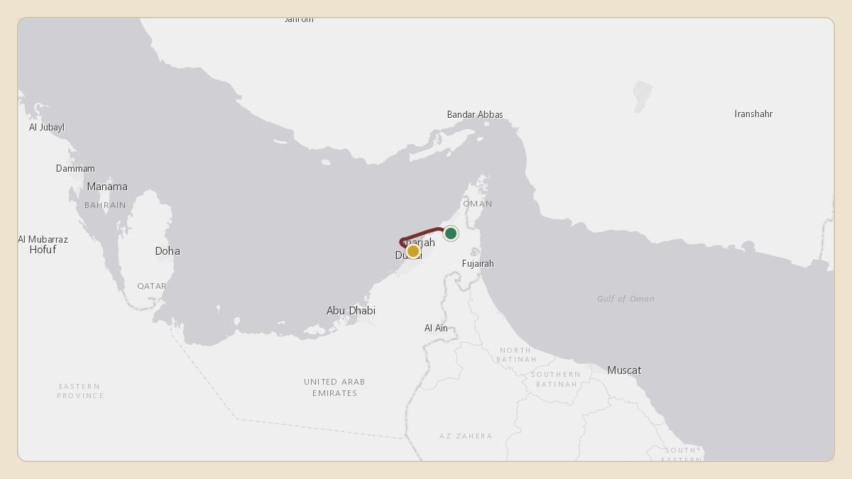 Flight path for Dubai Royal Wing — Sheikh Mohammed bin Rashid's A6-HHH from OMRK — Ras Al Khaimah International Airport to OMDB — Dubai International Airport