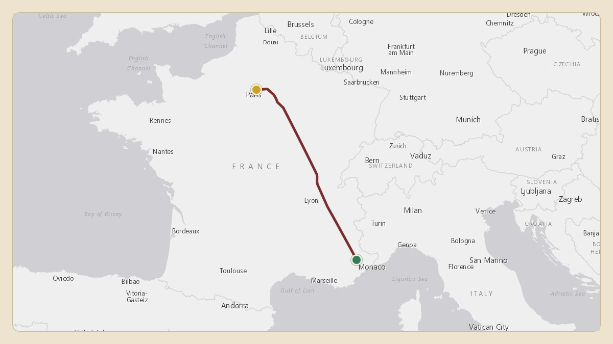 Flight path for Prince Albert II's 3A-MGA from 42.82°, 7.60° to LFPB — Paris-Le Bourget International Airport