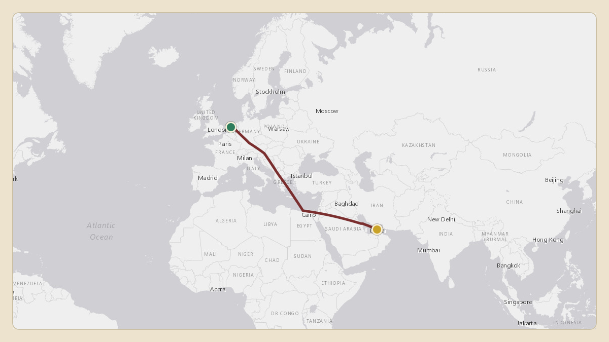 Flight path for Sheikh Mohammed bin Rashid Al Maktoum's A6-COM from EHAM — Amsterdam Airport Schiphol to OMDB — Dubai International Airport