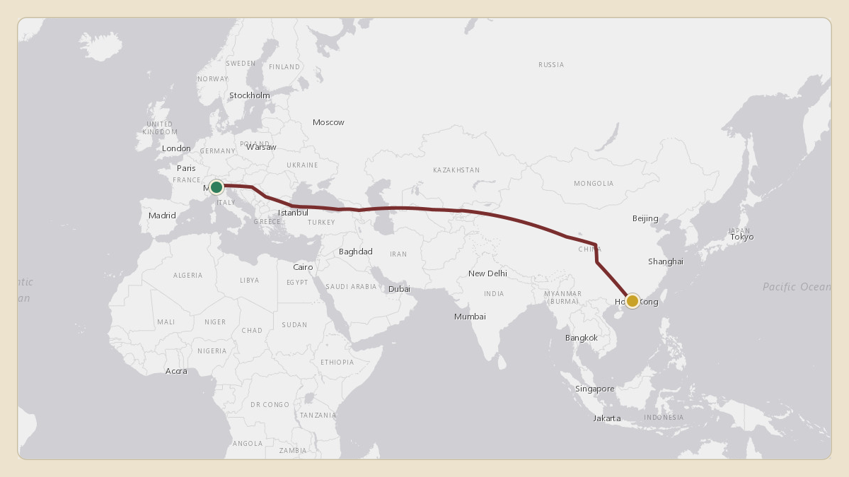 Flight path for Joseph Tsai's VP-COR from LILW — Venaria Reale Mario Santi Airfield to VMMC — Macau International Airport