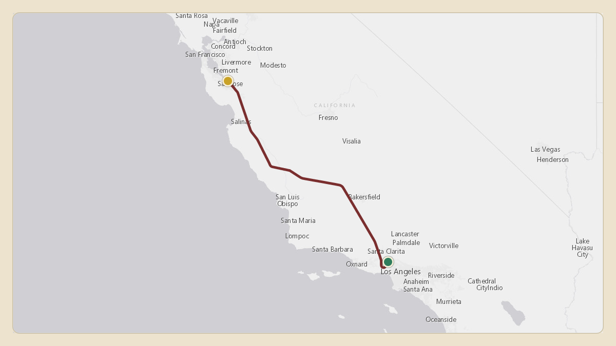 Flight path for Evan Spiegel's N3E from KVNY — Van Nuys Airport to KSJC — Norman Y. Mineta San Jose International Airport