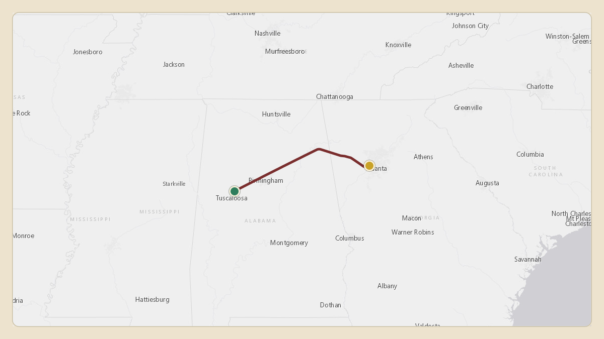 Flight path for Kalen DeBoer's N1UA from KTCL — Tuscaloosa National Airport to KMGE — Dobbins Air Reserve Base