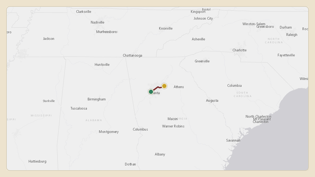 Flight path for Kalen DeBoer's N1UA from KFTY — Fulton County Airport Brown Field to KLZU — Gwinnett County Briscoe Field