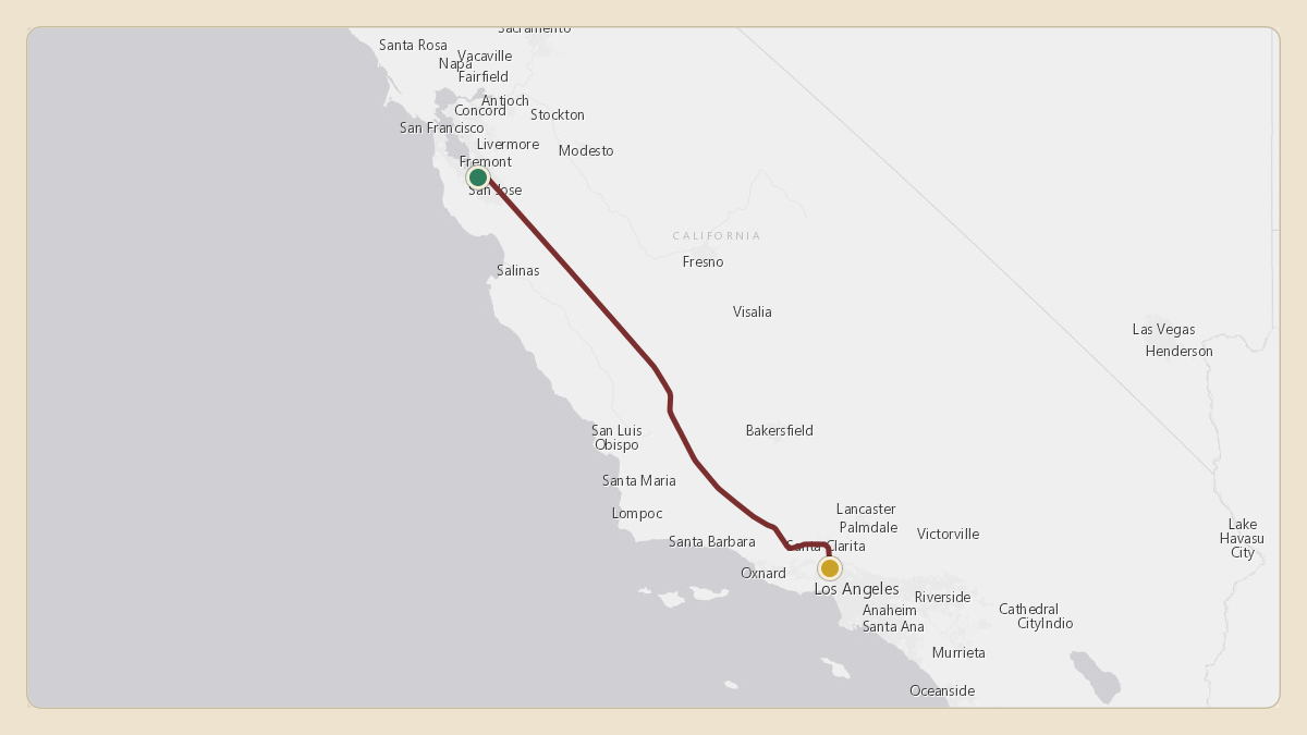 Flight path for Evan Spiegel's N3E from KNUQ — Moffett Federal Airfield to KVNY — Van Nuys Airport